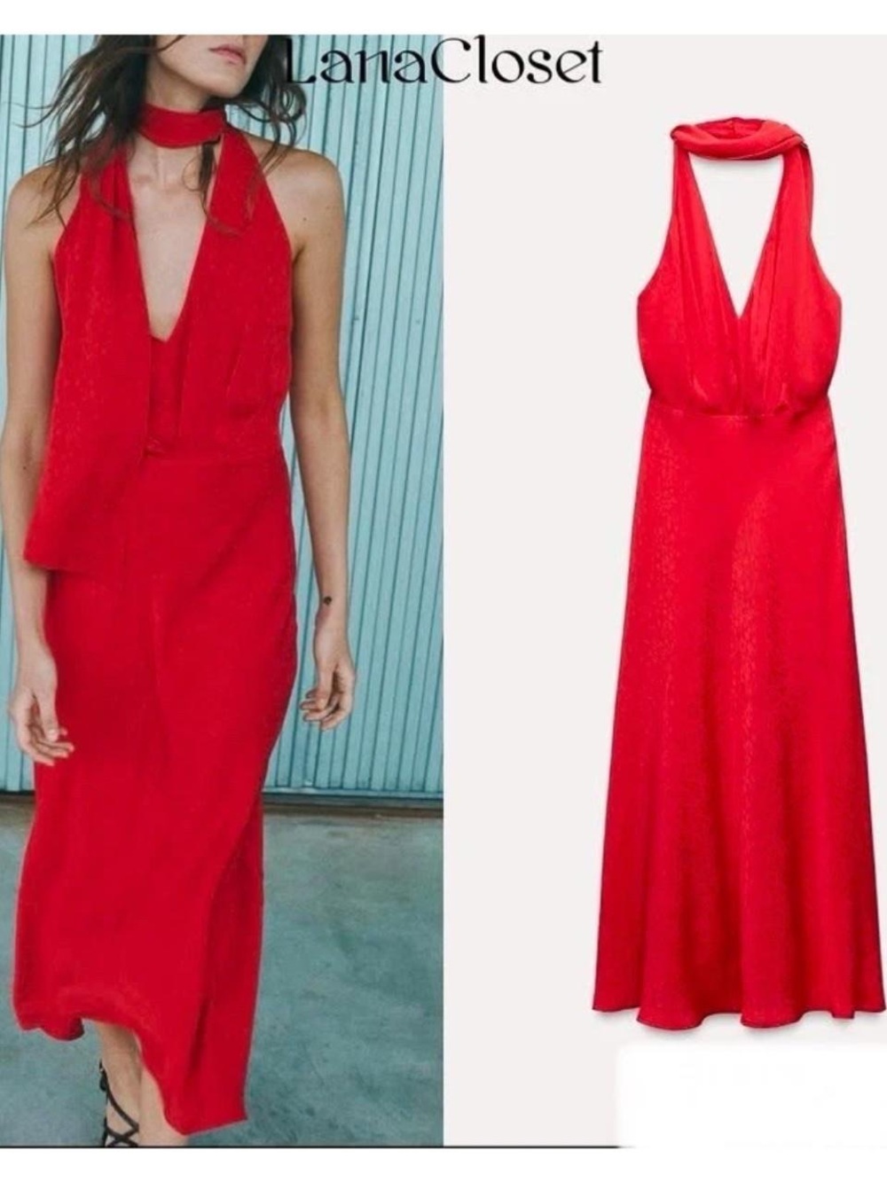 ZARA RED SATIN EFFECT JACQUARD MIDI DRESS